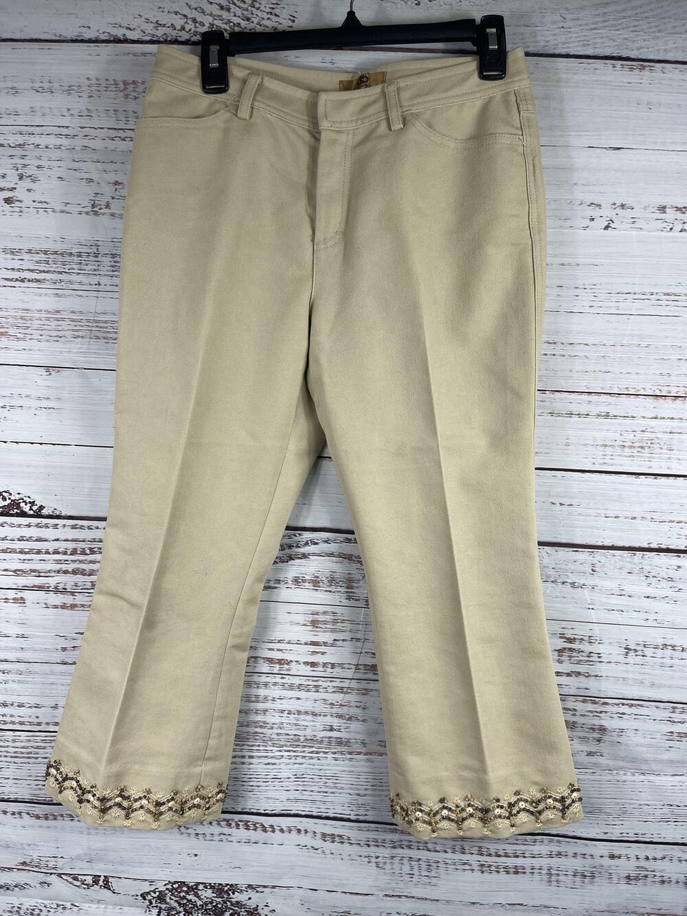 Dana Buchman Pants Women's 6 Petite Beige Cropped Embroidered Hem Stretch Dressy
